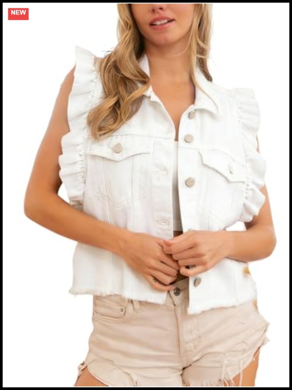 Women's Ruffled Sleeveless Denim Vest Button Down Frayed Hem Jean Jacket